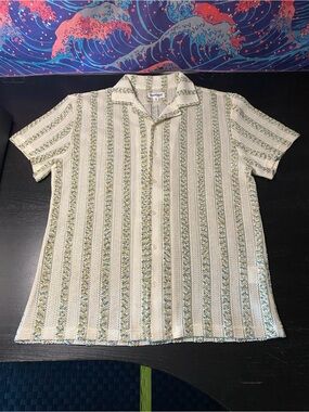 Striped Short-Sleeve Camp Shirt in Cream and Green